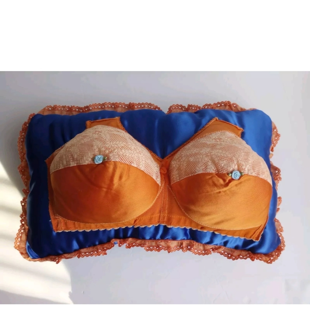 Vtg Satin Handmade Bra/Bust Lace Trim 17"x10" Pillow Decor Orange And B…